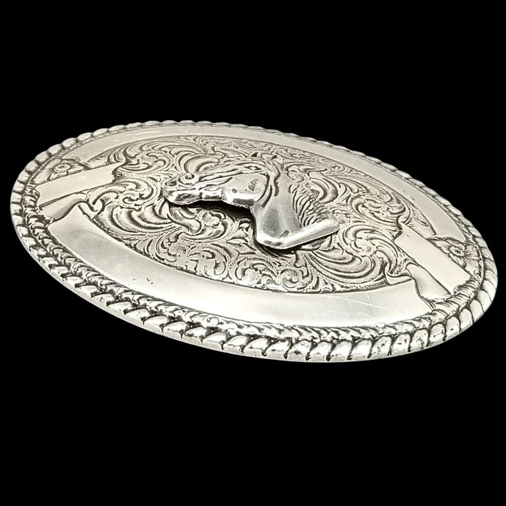 Crumrine Oval Silver Tone Horse Western Cowboy‎ Belt Buckle Ornate Scrollwork